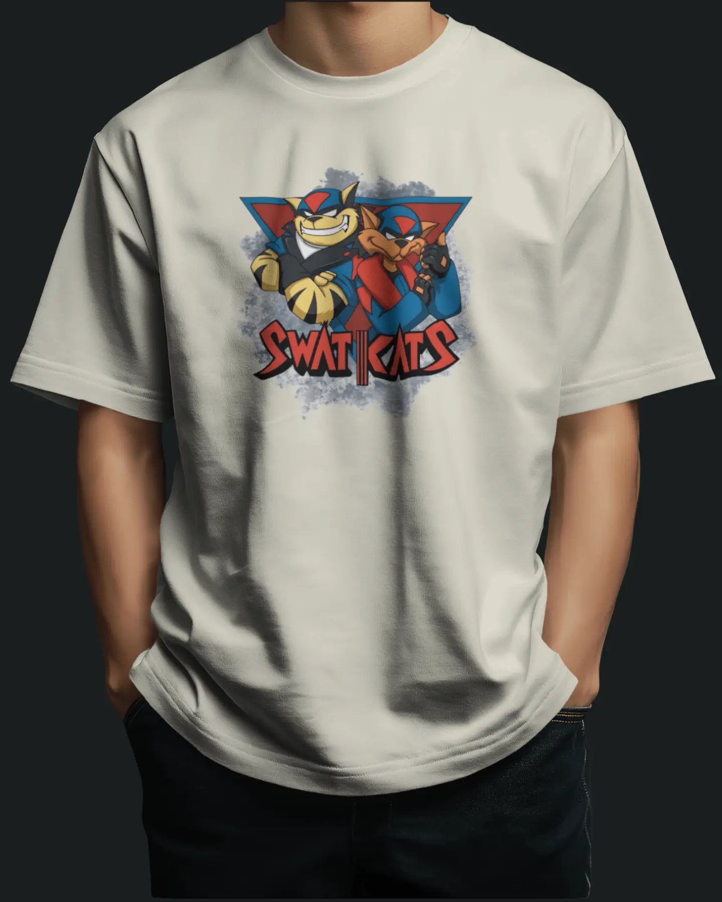 off-White t-shirt with a colorful swat kats graphic design on a dark background