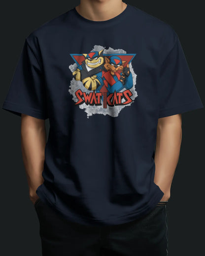 Navy blue t-shirt with 'SWAT KATS' graphic design on a dark background