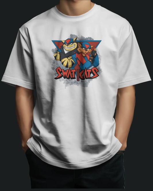 White t-shirt with a colorful swat kats graphic design on a black background