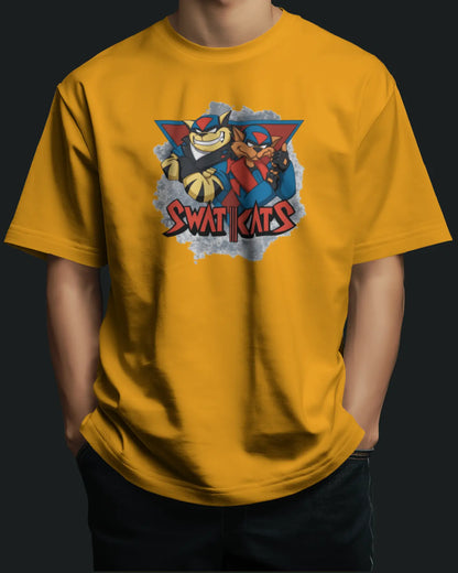 Yellow t-shirt with Swat Kats graphic design on a black background