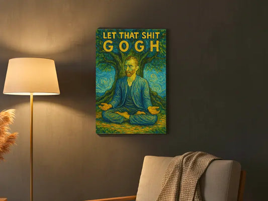 Canvas print with Van Gogh parody on a wall next to a lamp and chair.