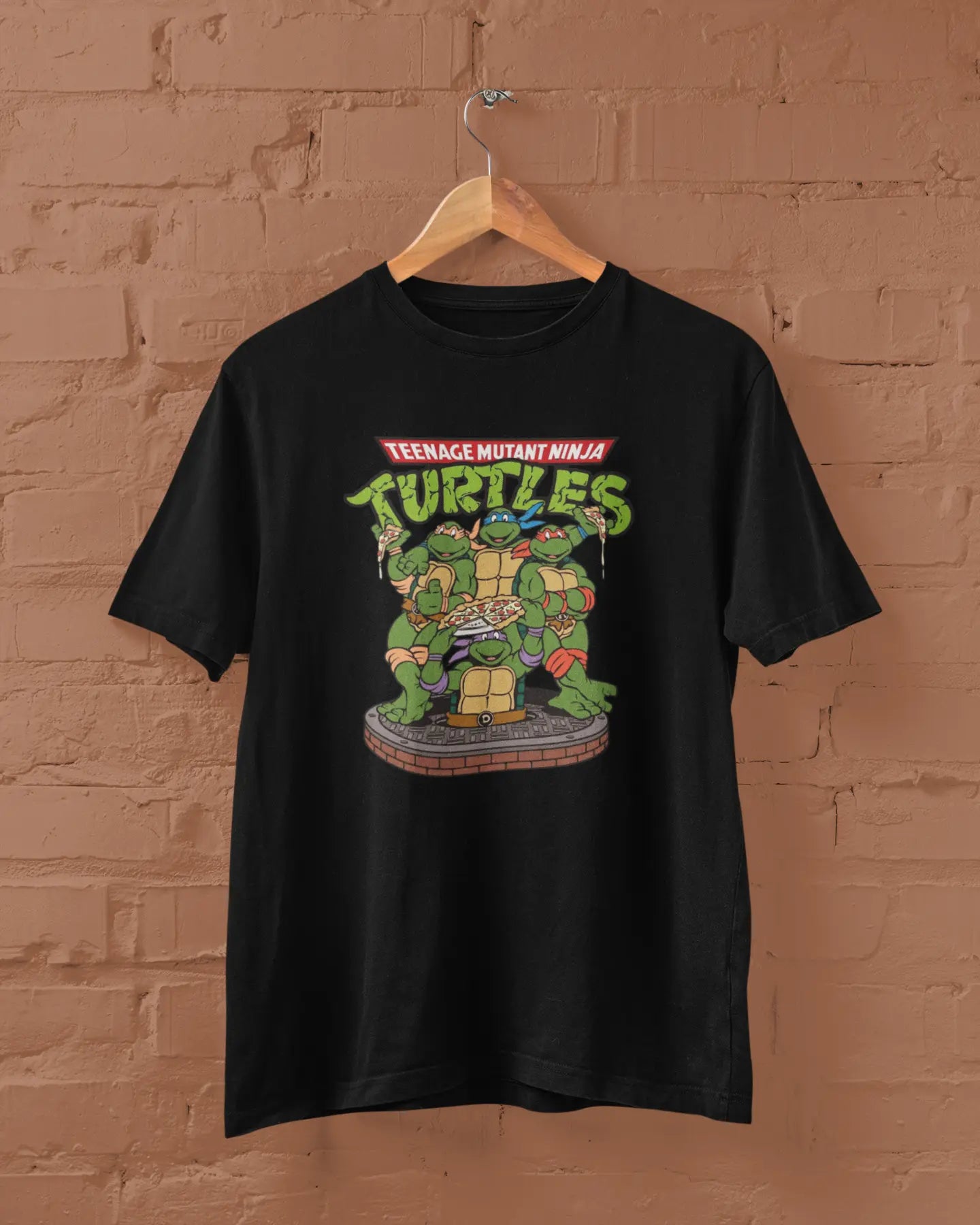 Black t-shirt with Teenage Mutant Ninja Turtles graphic on a hanger against a brick wall.