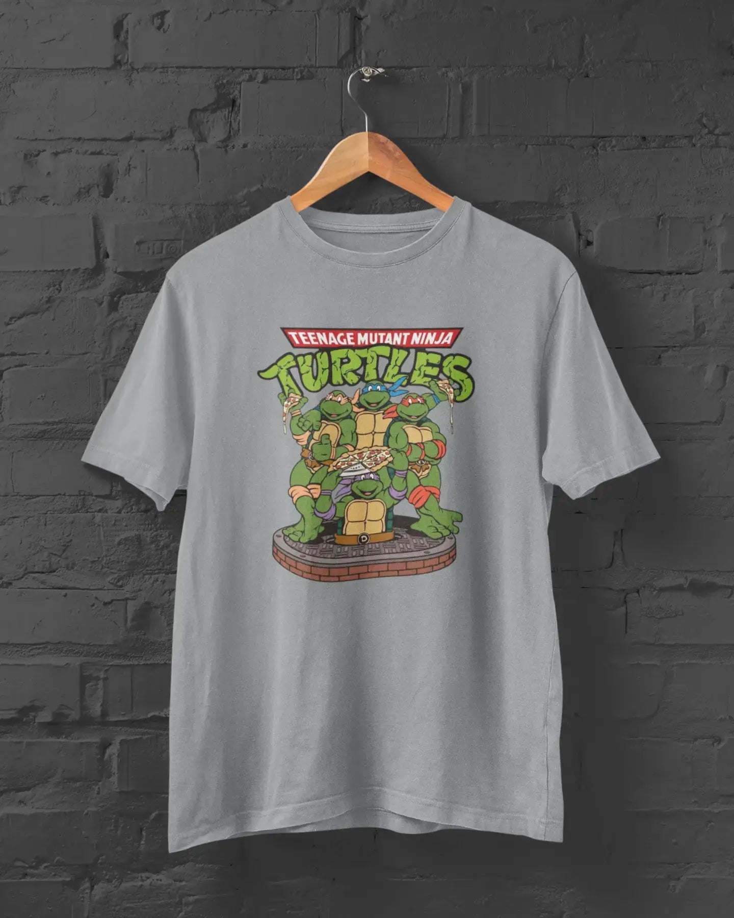 Gray t-shirt with Teenage Mutant Ninja Turtles graphic on a hanger against a brick wall.