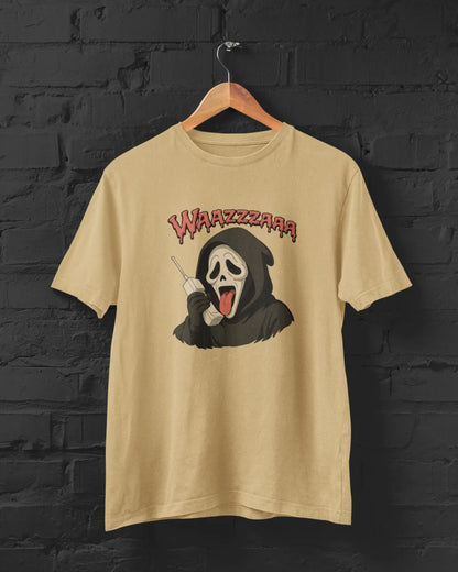 Beige t-shirt with a graphic design of a cartoonish grim reaper and 'WAZZZAAR' text on a black brick wall background.