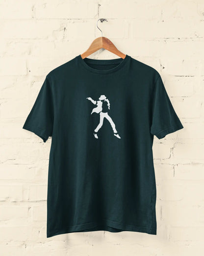 Dark michael jackson petrol blue t-shirt with a white graphic on a wooden hanger against a light brick wall.